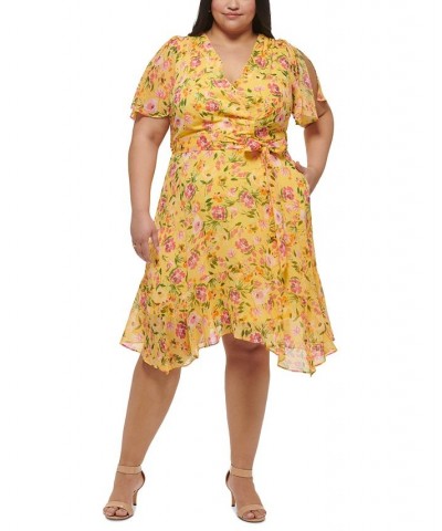 Plus Size V-Neck Printed-Chiffon Midi Dress Yellow/Orange $41.70 Dresses