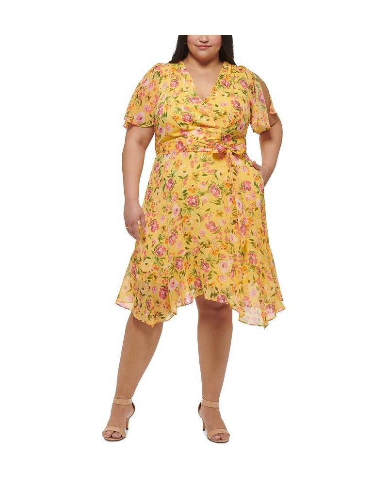 Plus Size V-Neck Printed-Chiffon Midi Dress Yellow/Orange $41.70 Dresses