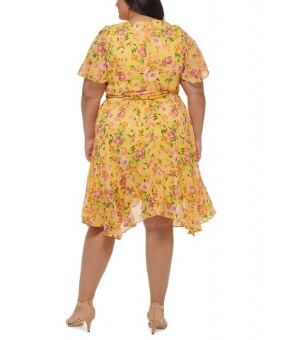 Plus Size V-Neck Printed-Chiffon Midi Dress Yellow/Orange $41.70 Dresses