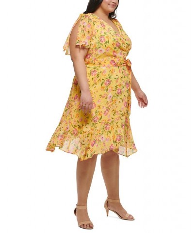 Plus Size V-Neck Printed-Chiffon Midi Dress Yellow/Orange $41.70 Dresses