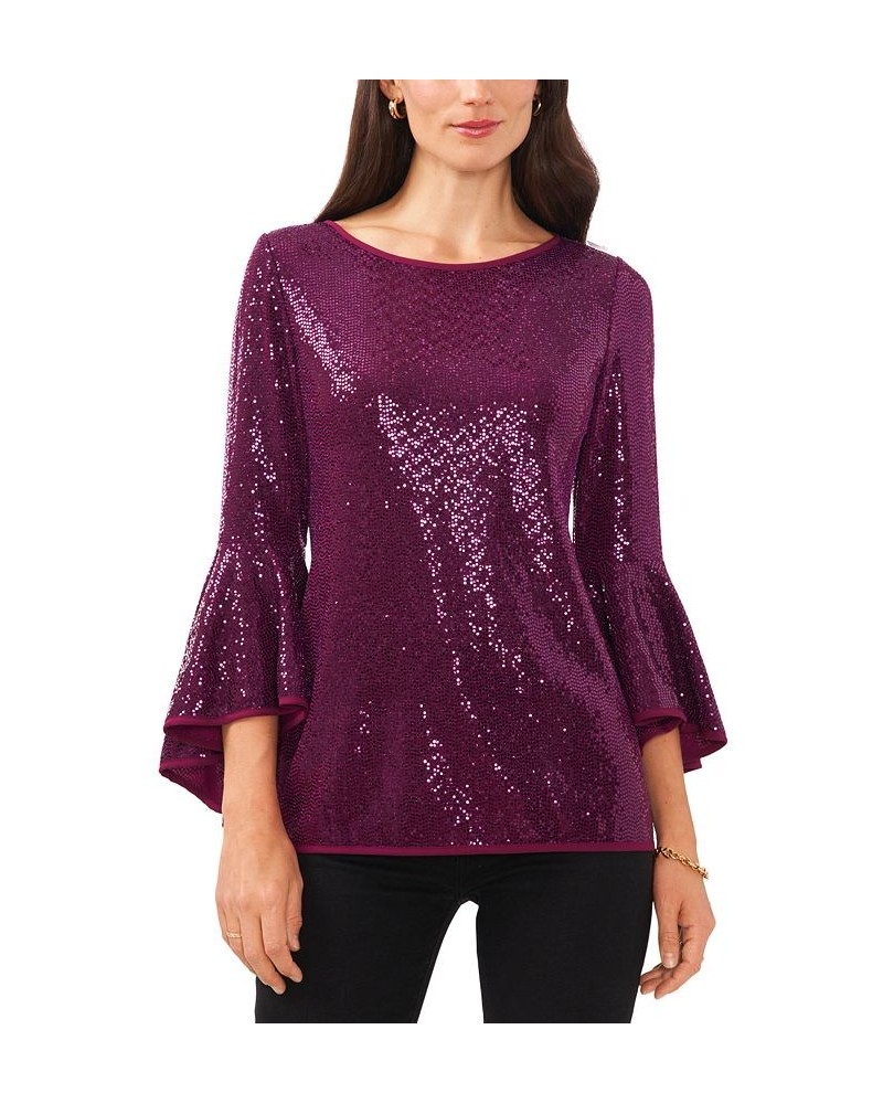 Metallic Knit Flutter Sleeve Top Red $12.20 Tops