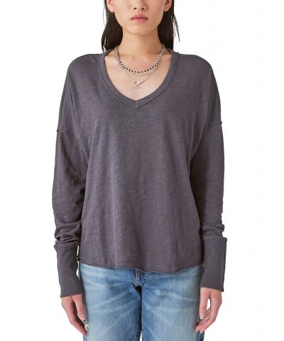 Women's Cotton Long-Sleeve V-Neck Top Black $33.39 Tops