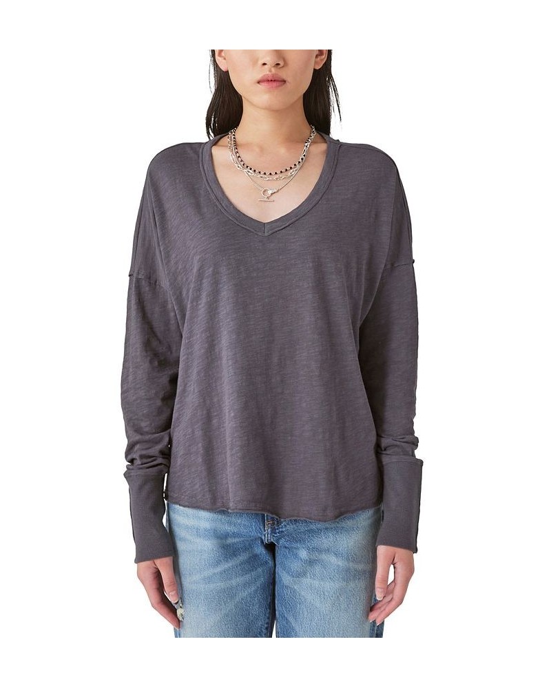 Women's Cotton Long-Sleeve V-Neck Top Black $33.39 Tops