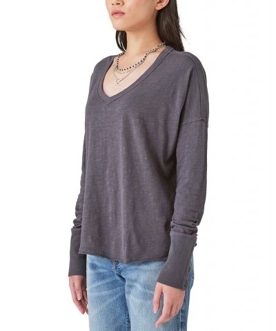 Women's Cotton Long-Sleeve V-Neck Top Black $33.39 Tops