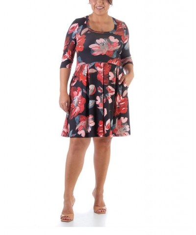 Plus Size Three Quarter Sleeve Dress Red, Black Multi $23.05 Dresses