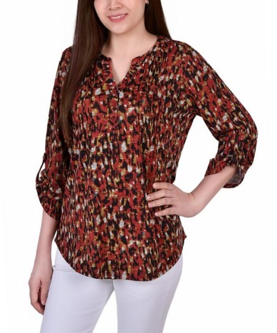 Petite Size 3/4 Roll Sleeve Top Red Black Abstract $17.16 Tops