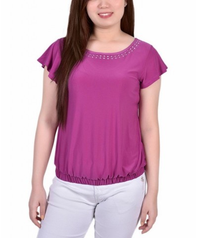 Petite Size Short Flutter Sleeve Top with Studded Neckline Magenta $12.71 Tops